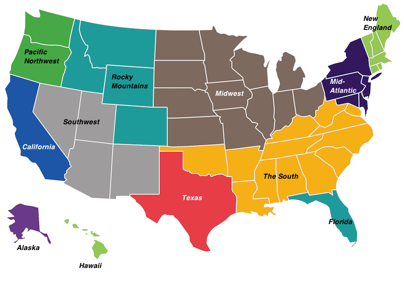 map of the United States showing each geographic region highlighted in a different color