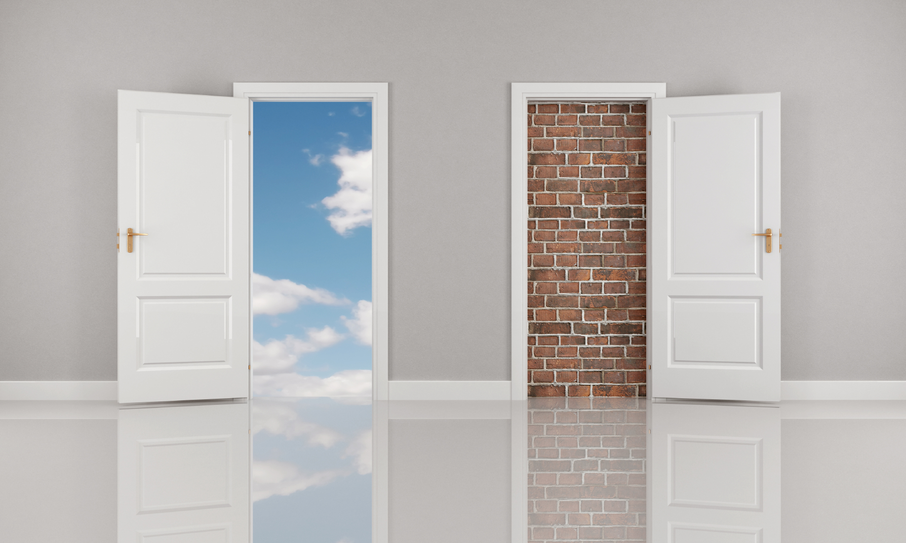 two doors in the wall of a blank white room open to different views, one to a brick wall and one to blue sky and white clouds
