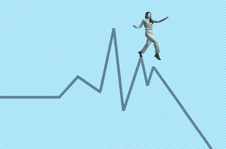 illustration showing a woman carefully walking on the peaks of a financial graph right before it turns downward
