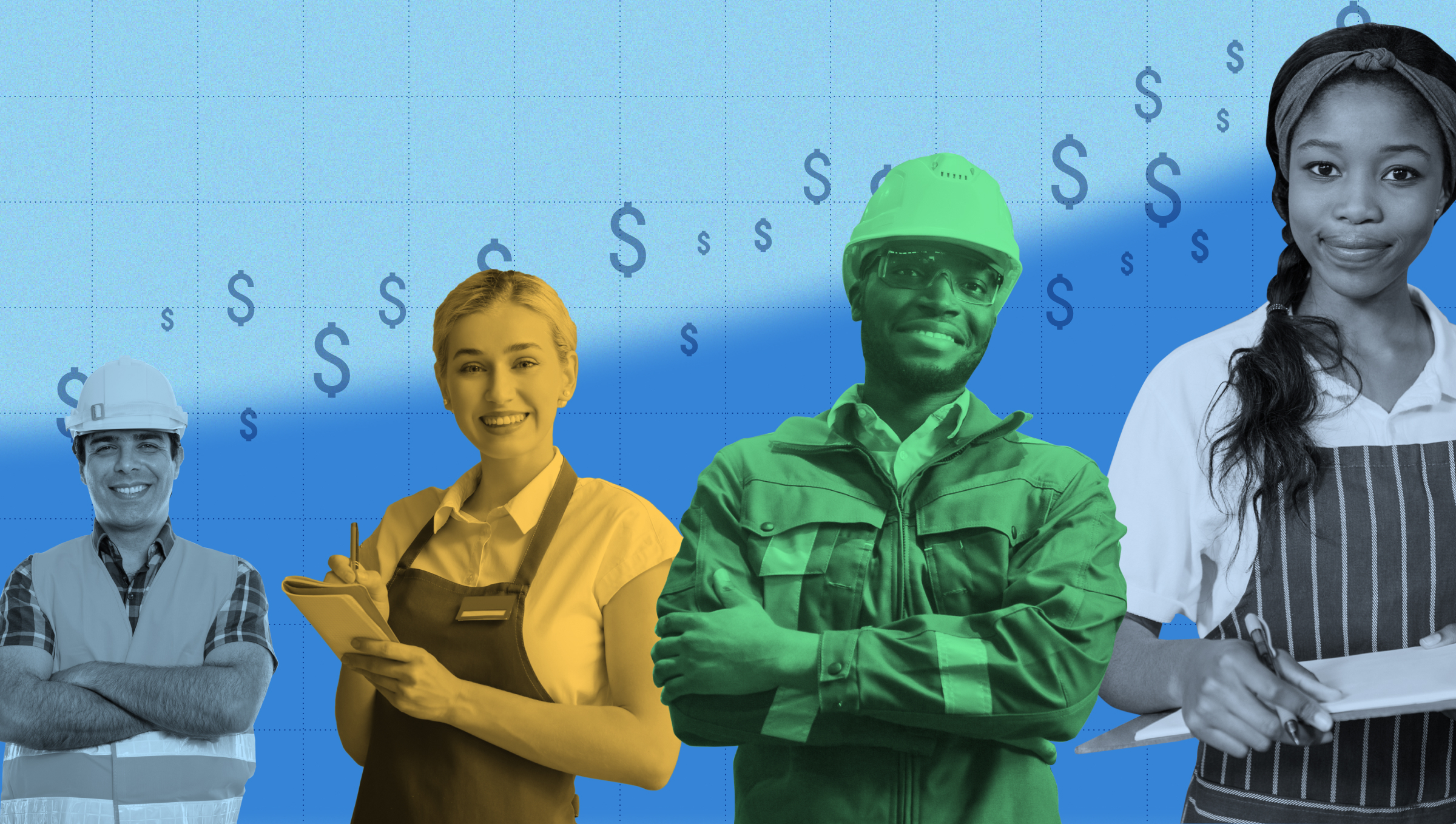 a photo illustration of a diverse group of workers wearing construction and restaurant uniforms and standing in front of a blue background decorated with dollar signs