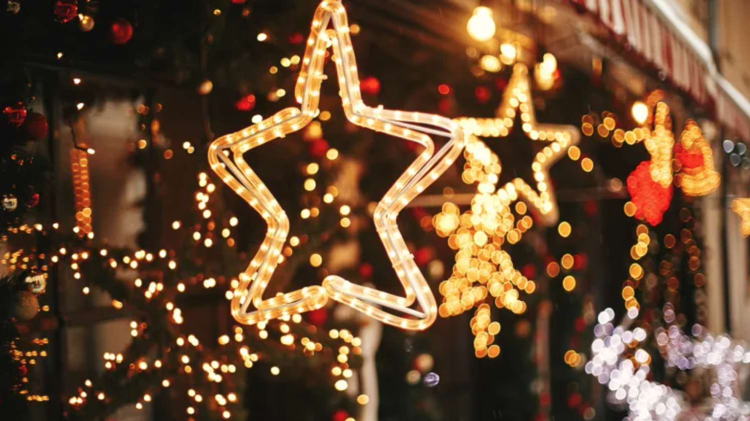 star-shaped holiday lights hang against a backdrop of greenery and storefronts