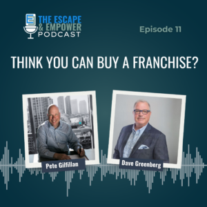 Podcast episode thumbnail with headshots of Dave Greenberg and Pete Gilfillan and the title "Think you can buy a franchise?"