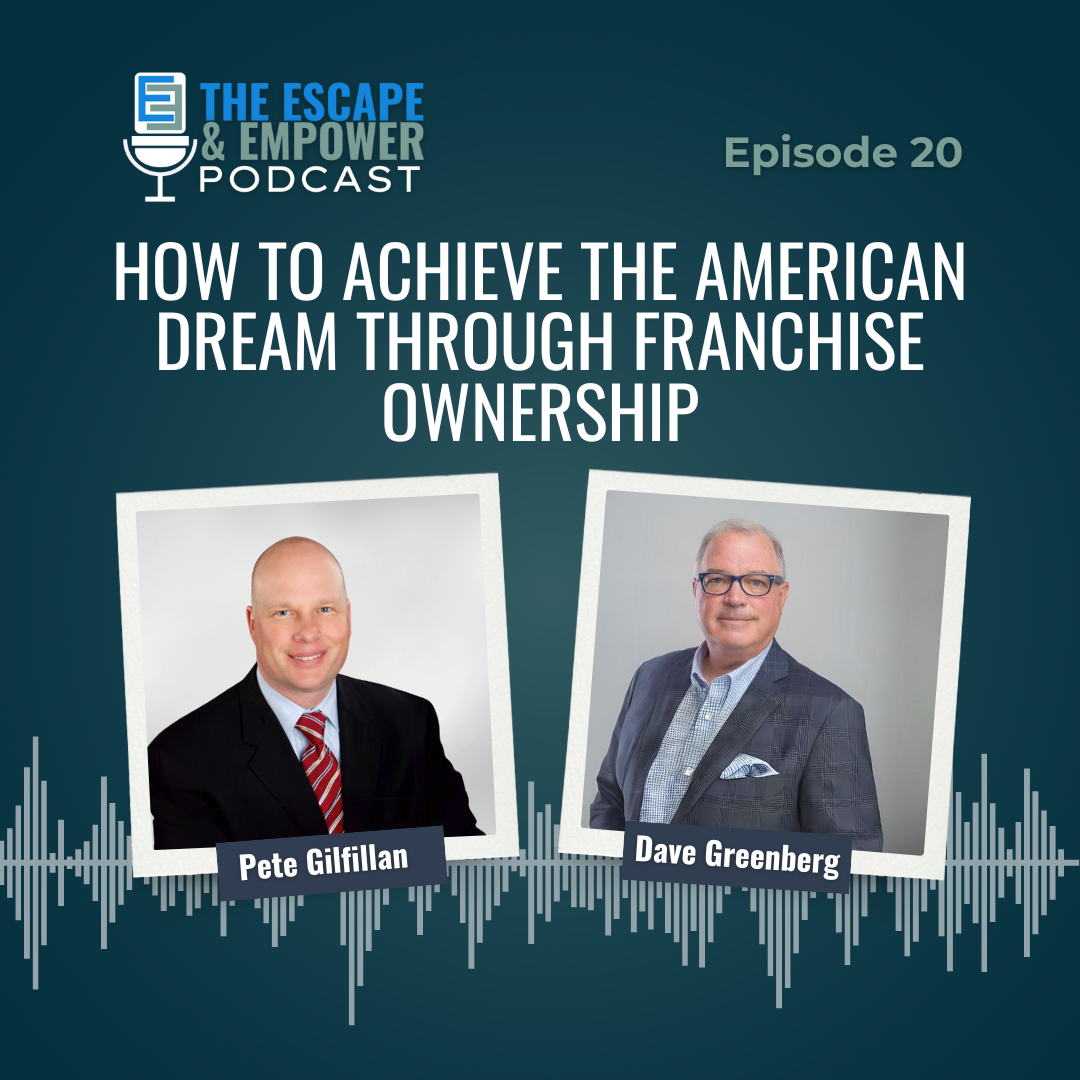 Podcast episode thumbnail with headshots of Dave Greenberg and Pete Gilfillan and the title "How to Achieve the American Dream Through Franchise Ownership"