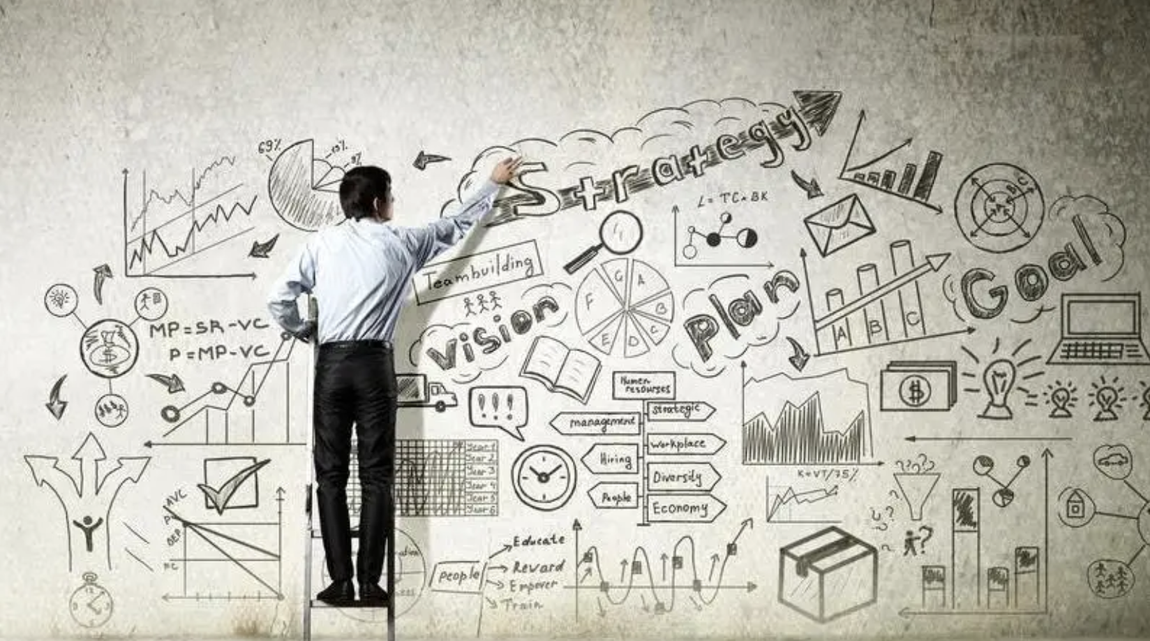 a person in professional clothing stands on a ladder and writes on a wall where he's scribbled notes and doodles about career planning