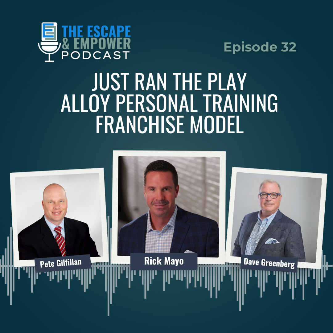 Podcast episode thumbnail with headshots of Dave Greenberg and Pete Gilfillan and the title "Just Run the Play: Alloy Personal Training Franchise Model"