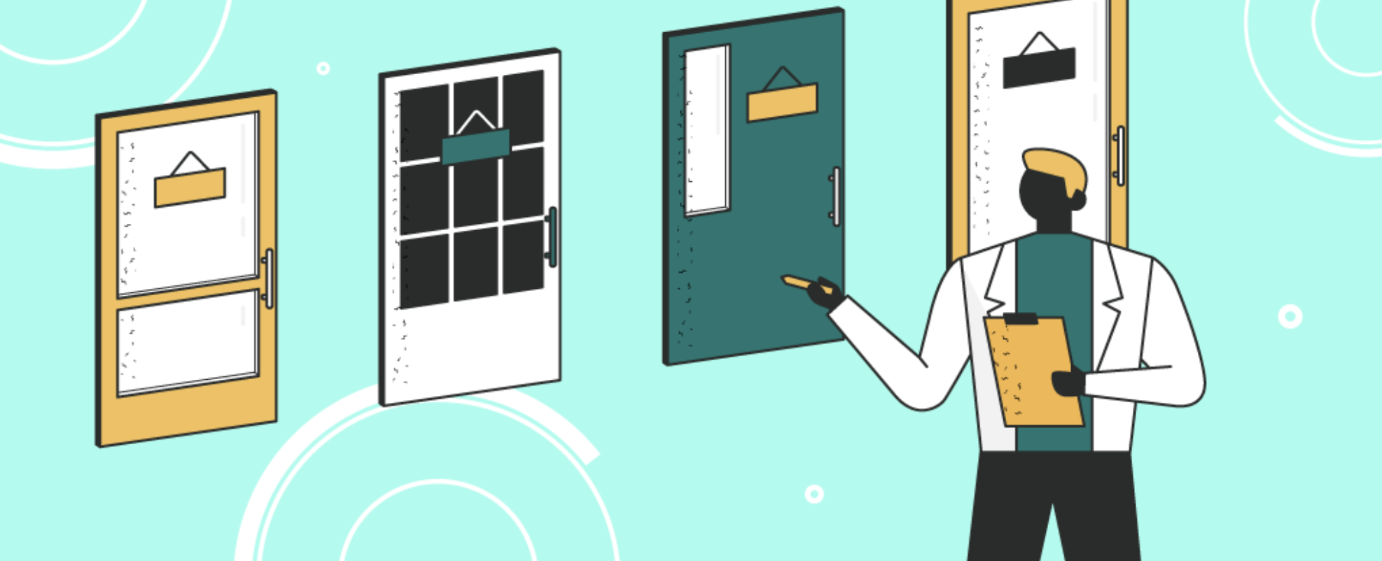 a cartoon business owner holds a clipboard while looking at multiple doors to his various businesses