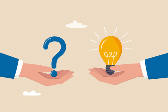 illustration showing one hand holding a question mark and another hand holding a light bulb