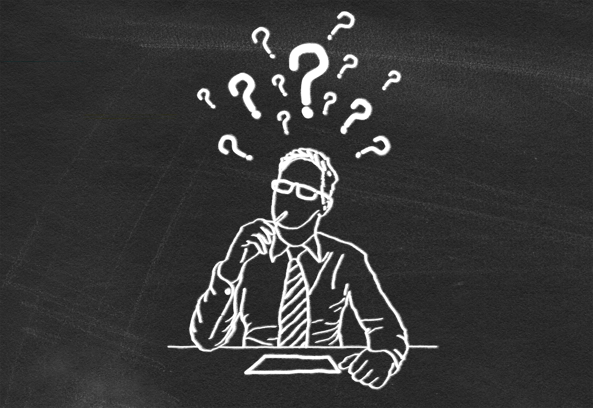 chalkboar-style illustration of a main in a tie with question marks above his head