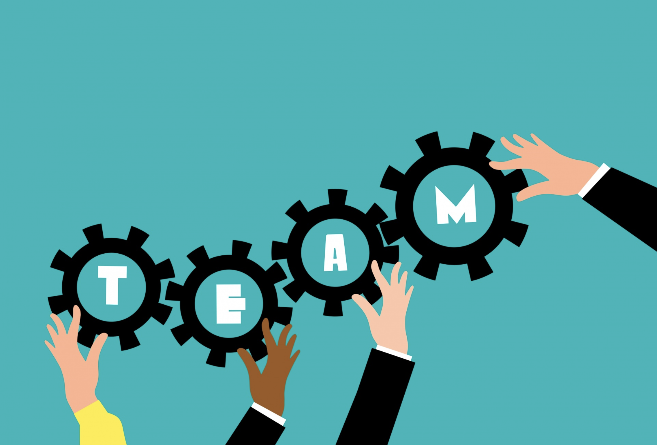 several hands hold up gears that spell out TEAM